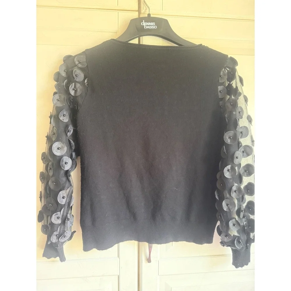 Siani Milano Womens Black 3D Floral Applique Mesh Sleeve Knit Sweater Medium
